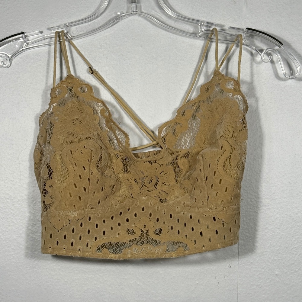 FP One Flocked Velvet Adella Bralette Lace Gold Taupe Size XS Feminine Coquette - Picture 2 of 10